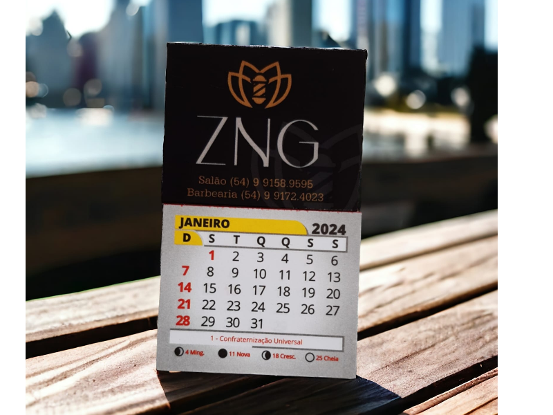 CALENDÁRIO COM IMÃ DE GELADEIRA, 4X0 CORES + VERNIZ UV TOTAL,  BLOCO 12 MESES, 8X5CM