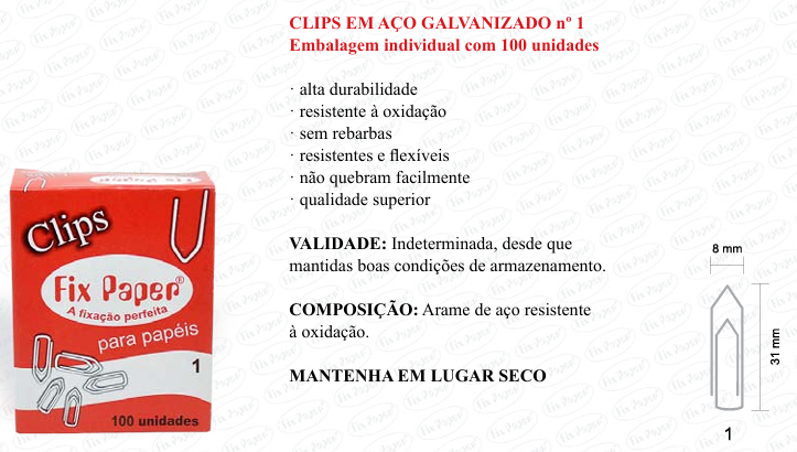 CLIPS GALV. CX - PAPELÃO Nº 1 - 100 UND