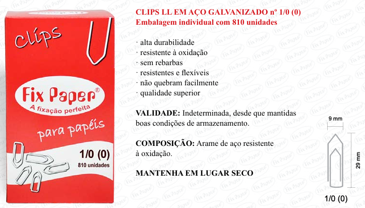 CLIPS GALV. CX - PAPELÃO Nº 1/0  - 810 UND