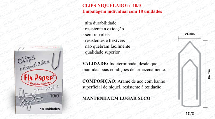 CLIPS NIQUEL. CX - PAPELÃO Nº 10/0 - 18 UND