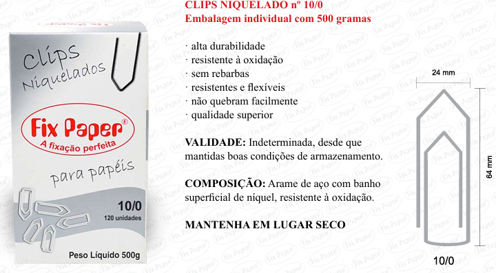 CLIPS NIQUEL CX - PAPELÃO Nº 10/0 - 500 GR