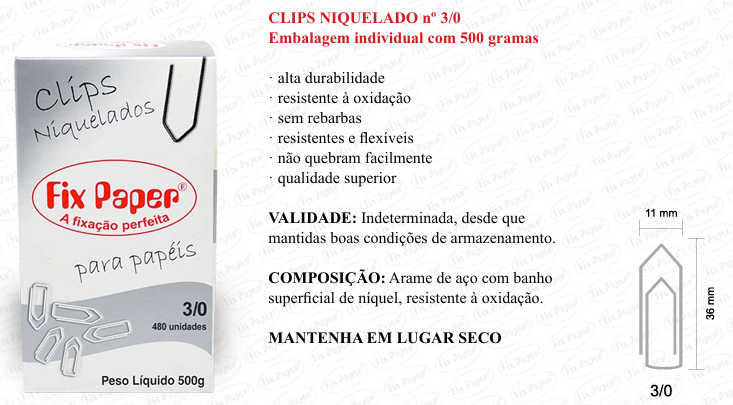 CLIPS NIQUEL .CX - PAPELÃO Nº 3/0 - 500 GR
