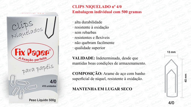 CLIPS NIQUEL .CX - PAPELÃO Nº 4/0 - 500 GR