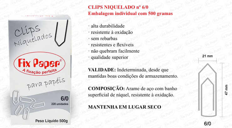 CLIPS NIQUEL CX - PAPELÃO Nº 6/0 - 500 GR