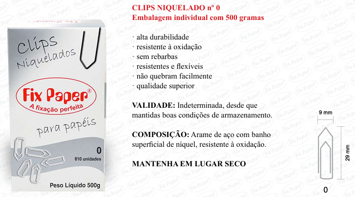 CLIPS NIQUEL. CX - PAPELÃO Nº 0 - 500 GR