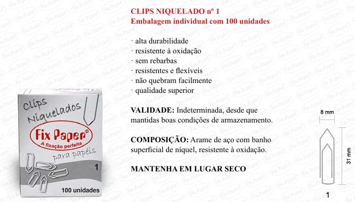 CLIPS NIQUEL. CX - PAPELÃO Nº 1 - 100 UND