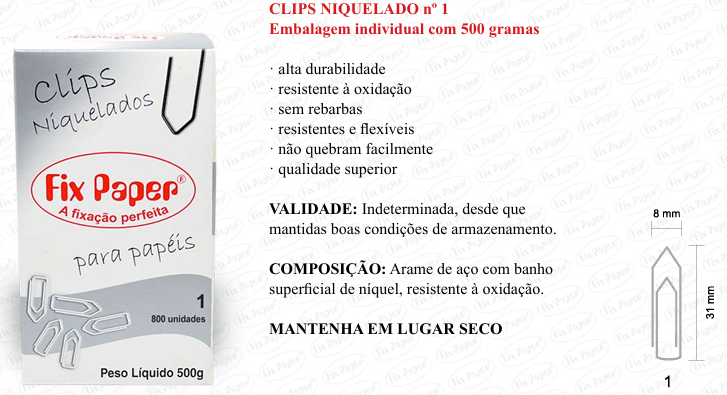 CLIPS NIQUEL. CX - PAPELÃO Nº 1 - 500 GR