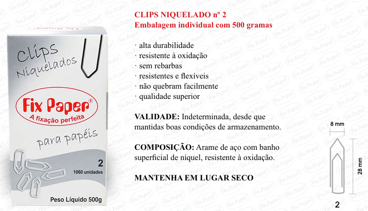 CLIPS NIQUEL. CX - PAPELÃO Nº 2 - 500 GR