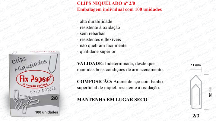 CLIPS NIQUEL. CX - PAPELÃO Nº 2/0 - 100 UND
