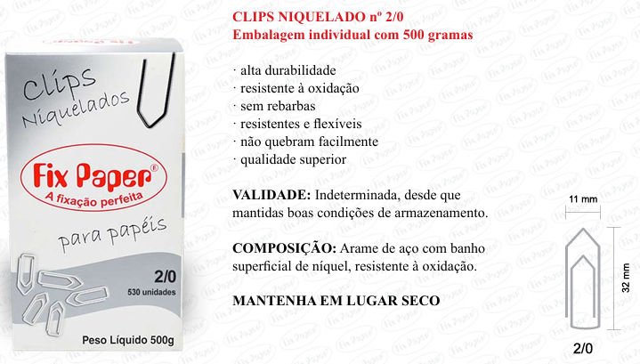 CLIPS NIQUEL. CX - PAPELÃO Nº 2/0 - 500 GR