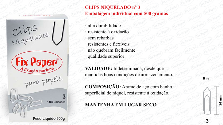 CLIPS NIQUEL. CX - PAPELÃO Nº 3 - 500 GR