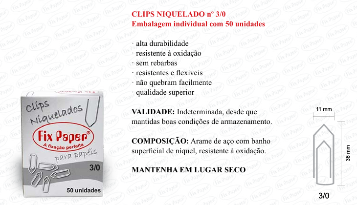 CLIPS NIQUEL. CX - PAPELÃO Nº 3/0 - 50 UND