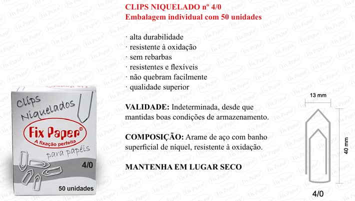 CLIPS NIQUEL. CX - PAPELÃO Nº 4/0 - 50 UND