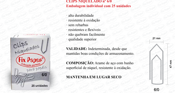 CLIPS NIQUEL. CX - PAPELÃO Nº 6/0 - 25 UND