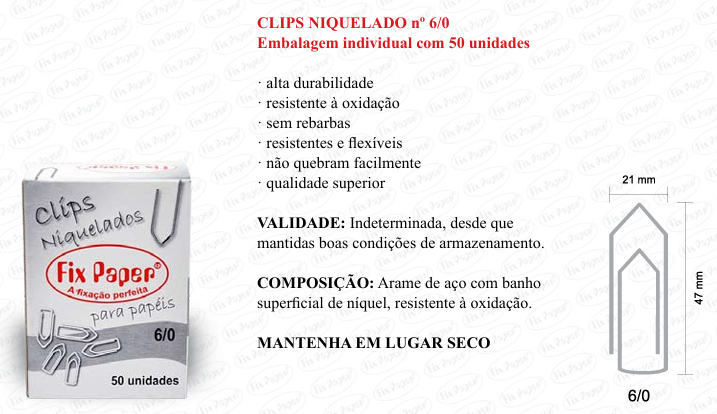 CLIPS NIQUEL. CX - PAPELÃO Nº 6/0 - 50 UND