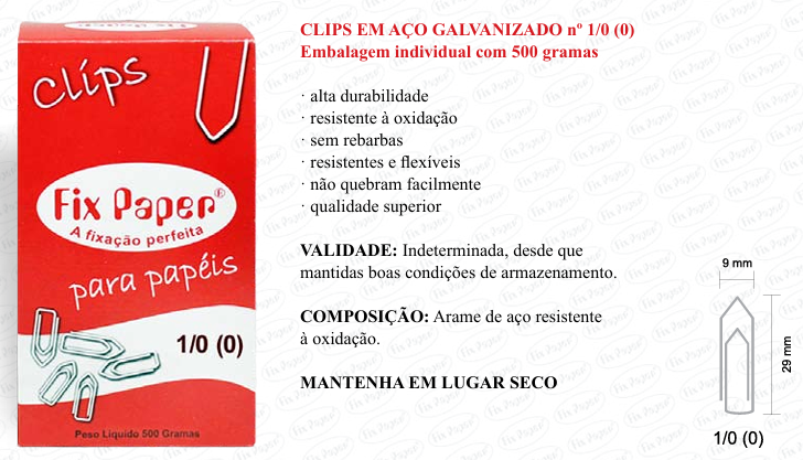 CLIPS GALV. CX - PAPELÃO Nº 0 - 500 GR