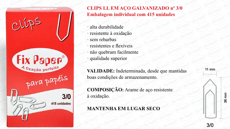 CLIPS GALV. CX - PAPELÃO Nº 3/0 - 415 UND