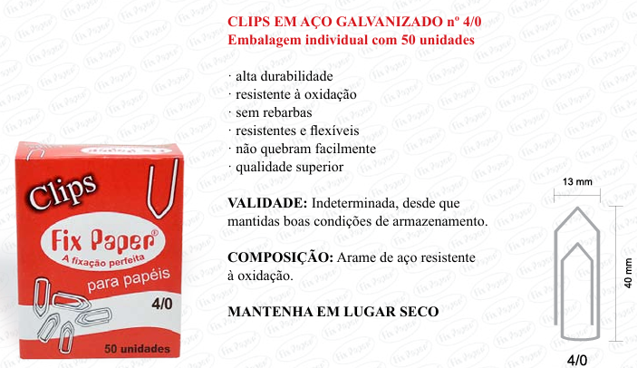 CLIPS GALV. CX - PAPELÃO Nº 4/0 - 50 UND