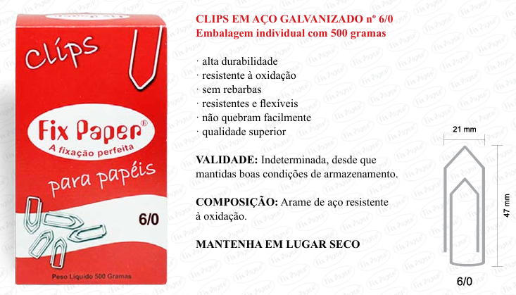 CLIPS GALV. CX - PAPELÃO Nº 6/0  - 500 GR