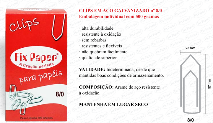 CLIPS GALV. CX - PAPELÃO Nº 8/0 - 500 GR