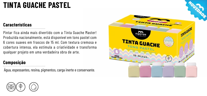 TINTA GUACHE PASTEL 06 CORES - 15ml - LANÇAMENTO