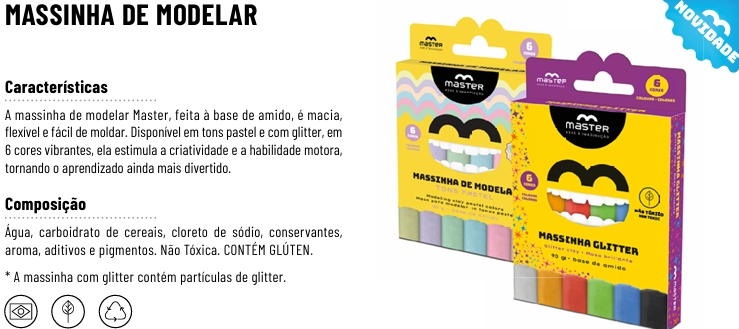MASSA AMIDO 6 CORES COM GLITTER 90g - LANÇAMENTO  