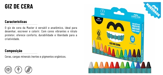 GIZ DE CERA 12 CORES - 75mm - C/ GANCHO E RÓTULO - LANÇAMENTO                                                                       