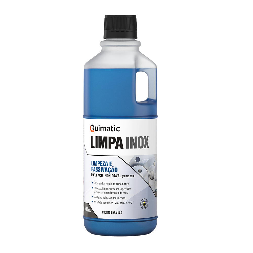 Limpa-Inox 500 ml - Desoxida, limpa e renova todas as superfícies de aço inoxidável (Série 300) devolvendo a aparência original.