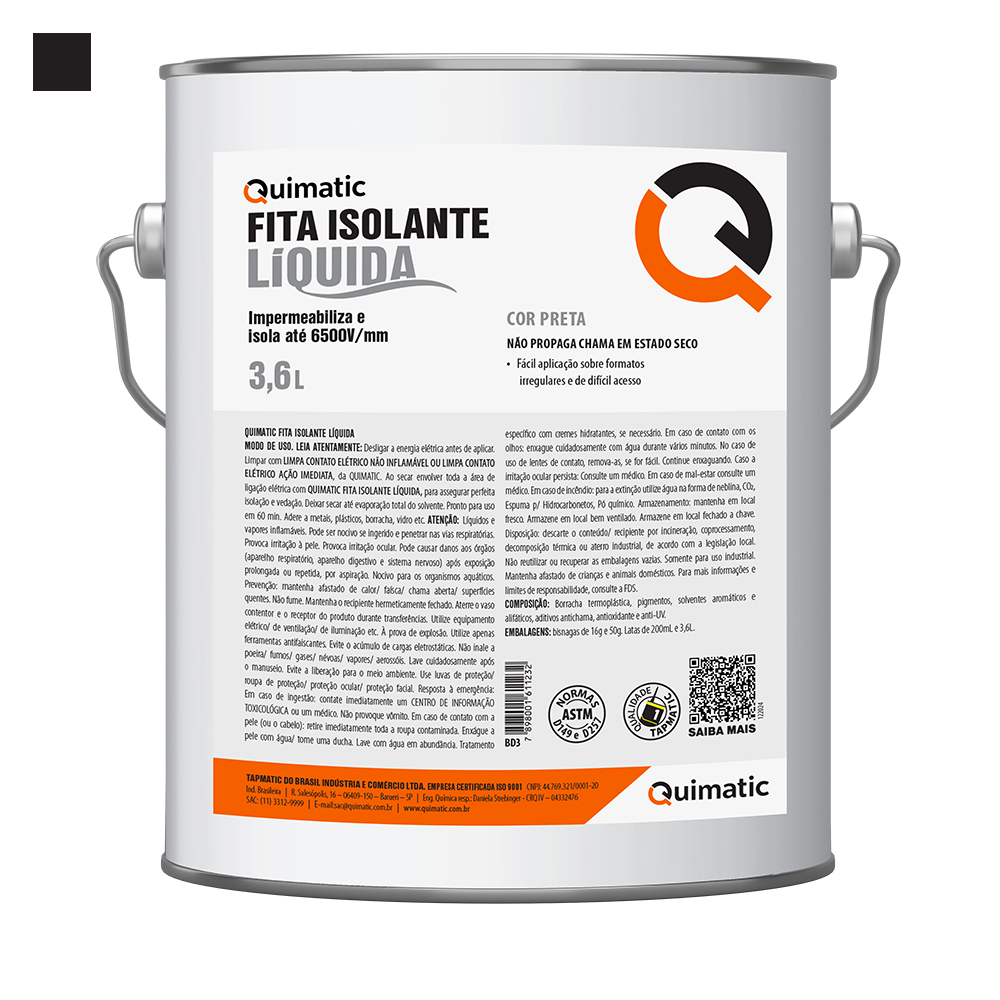 Fita Isolante Líquida 3,6 L Preta - 1mm de espessura isola até 6.500 volts. Veda e impermeabiliza.