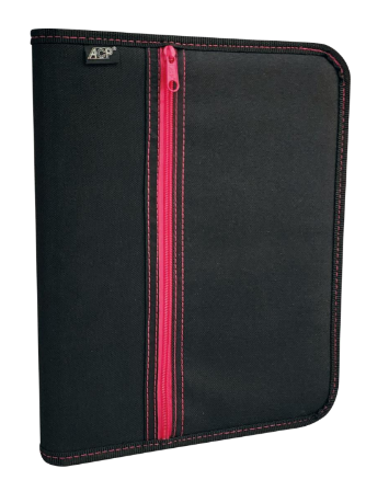 Fichário Nylon 600 preto com bolso na capa e zíper pink.