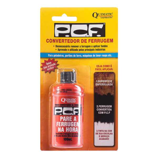P.C.F 100 ML (blister) - Torna a remoção mecânica da ferrugem desnecessária; aplicado sobre a ferrugem, transforma-a em um fundo a nticorrosivo, pronto para receber pintura de acabamento. Único com proteção acrílica.