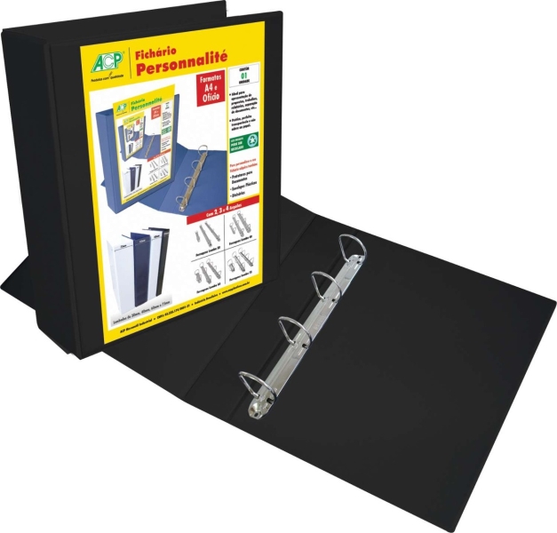 Pasta Personalite revestido c/ cristal Oficio 60 mm c/ 4 argolas   Preto